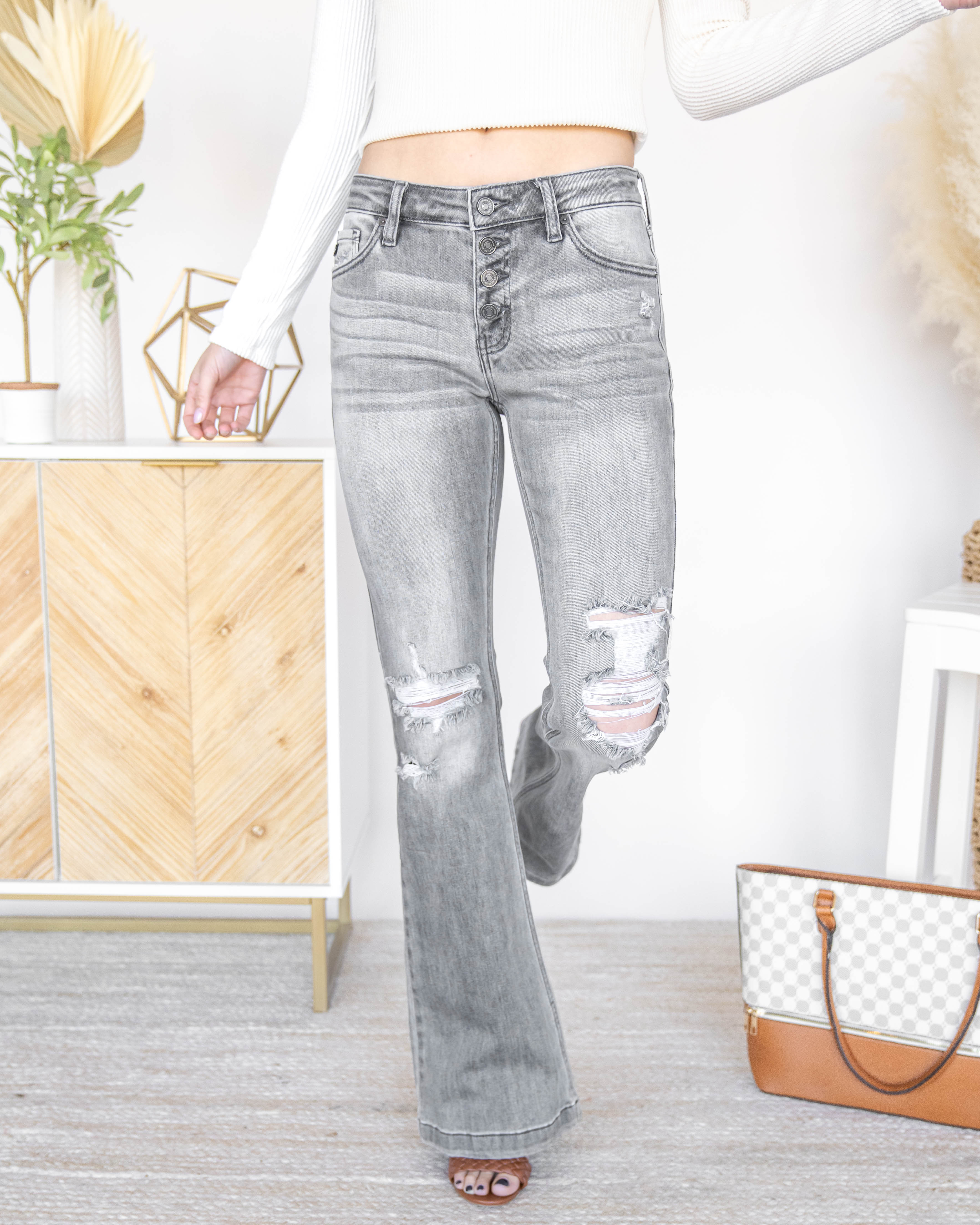 Marissa Distressed Flare Jeans - Grey