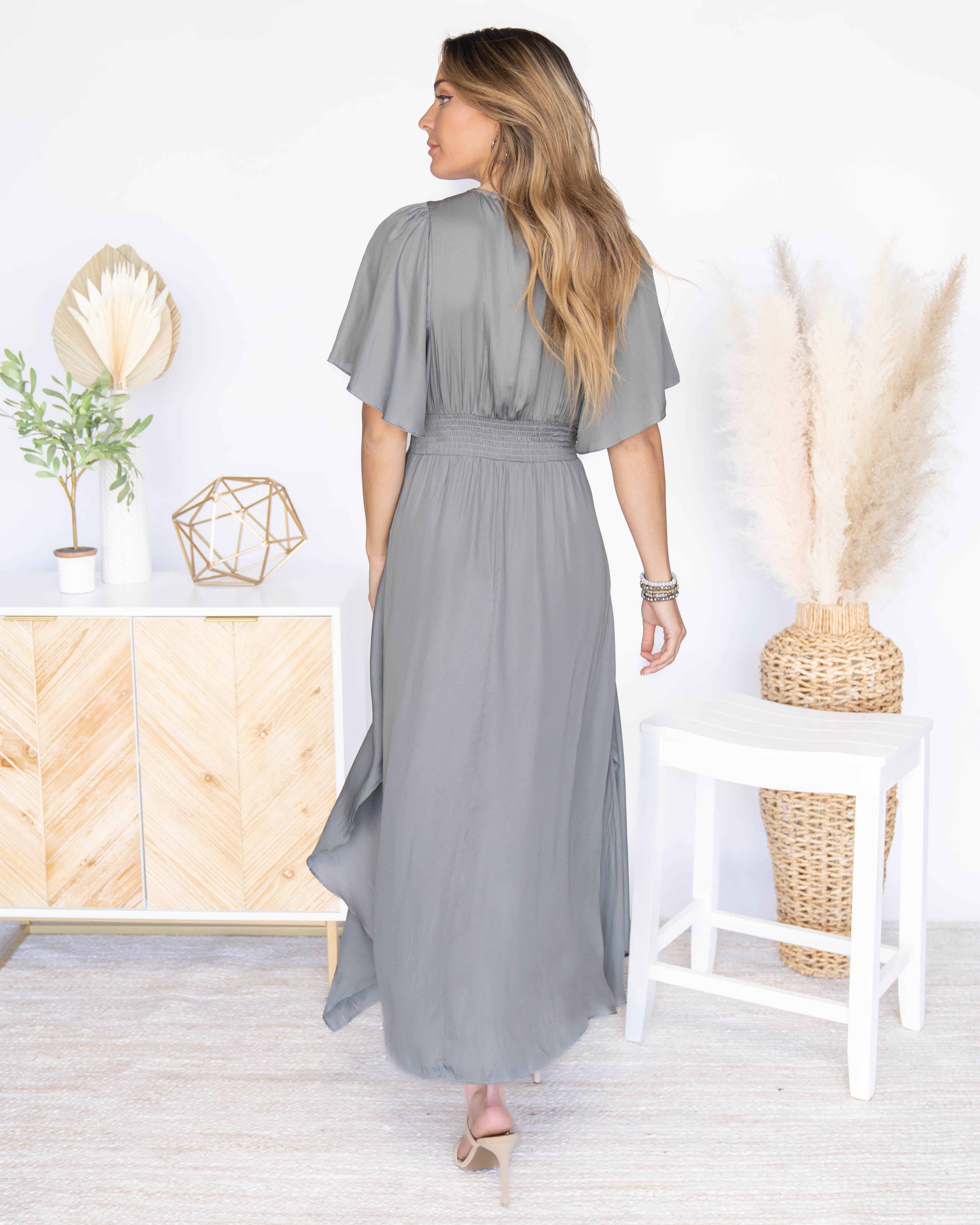 Alanis Flutter Sleeve Satin Midi Dress - Grey