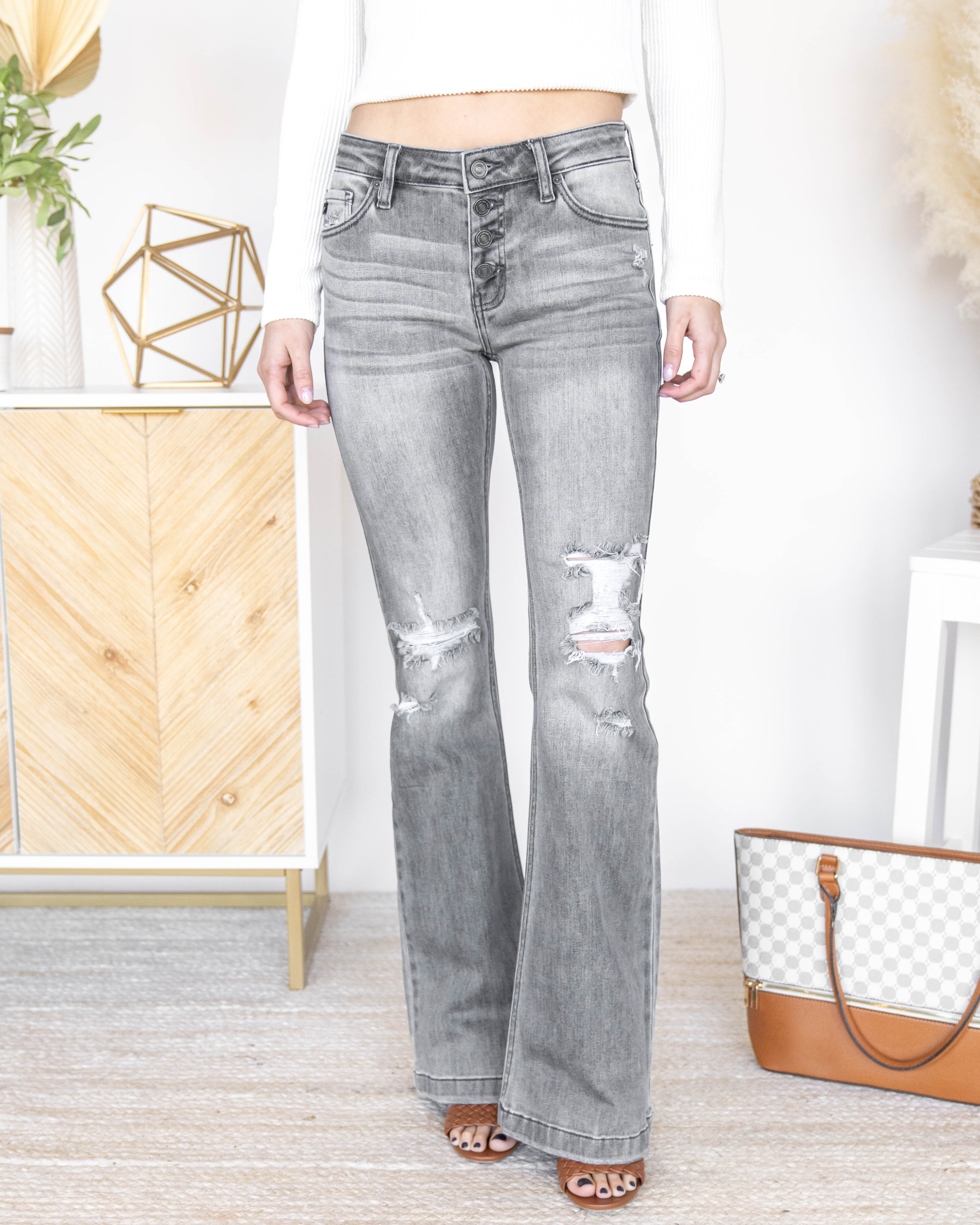 Marissa Distressed Flare Jeans - Grey