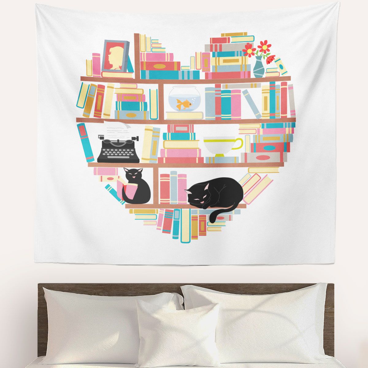 Cat Heart Books Wall Tapestry