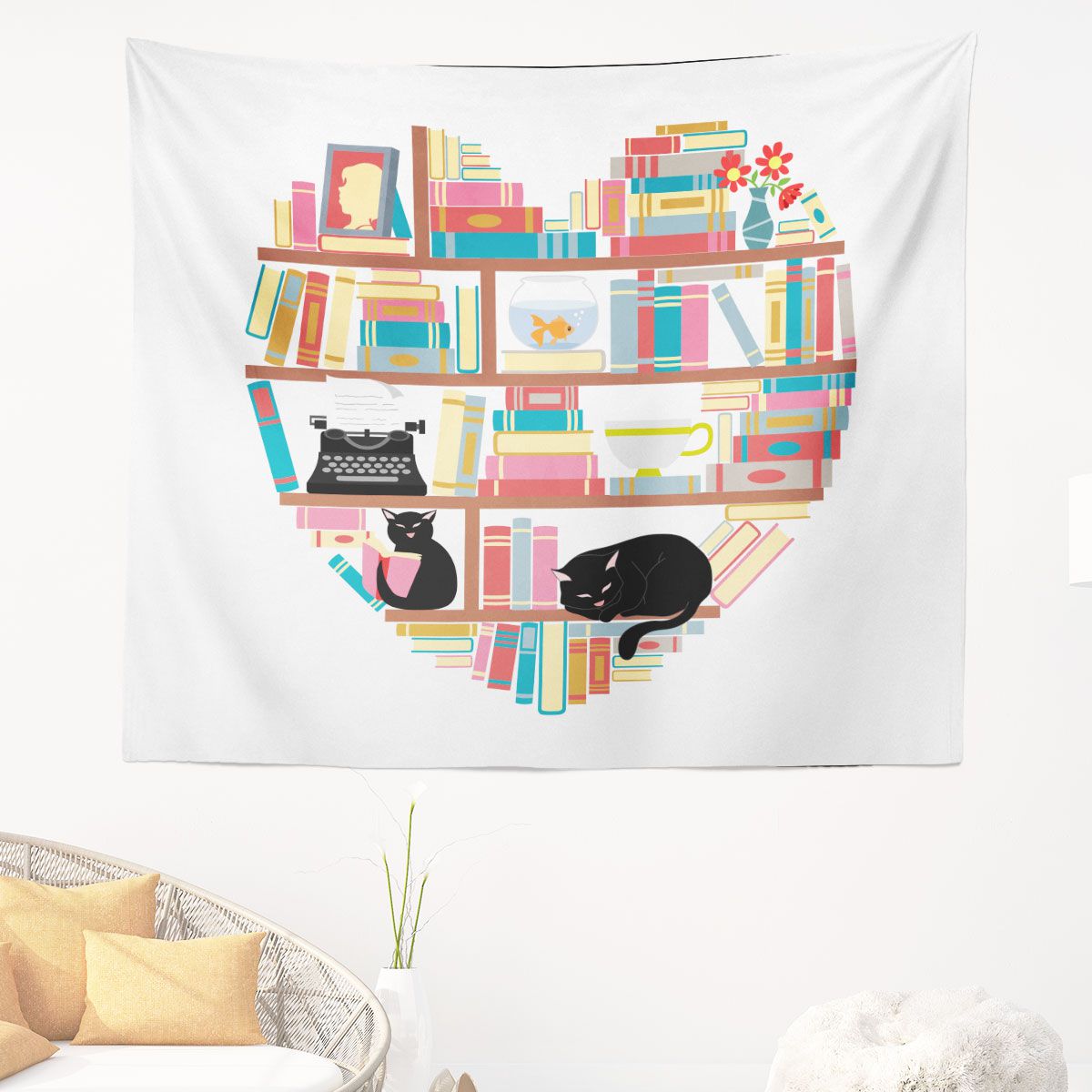 Cat Heart Books Wall Tapestry