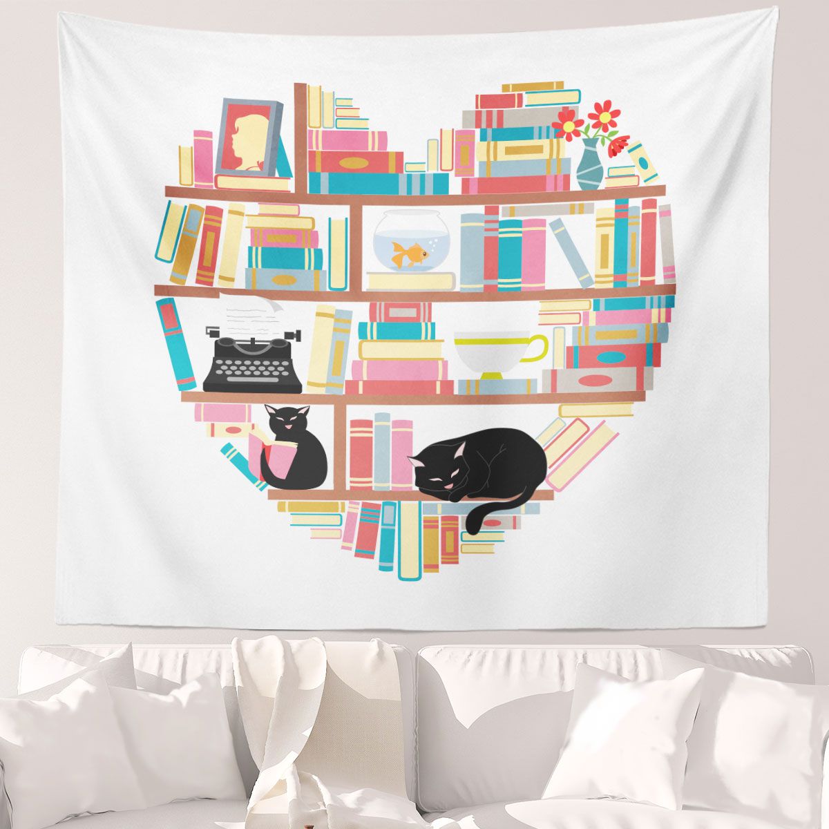 Cat Heart Books Wall Tapestry