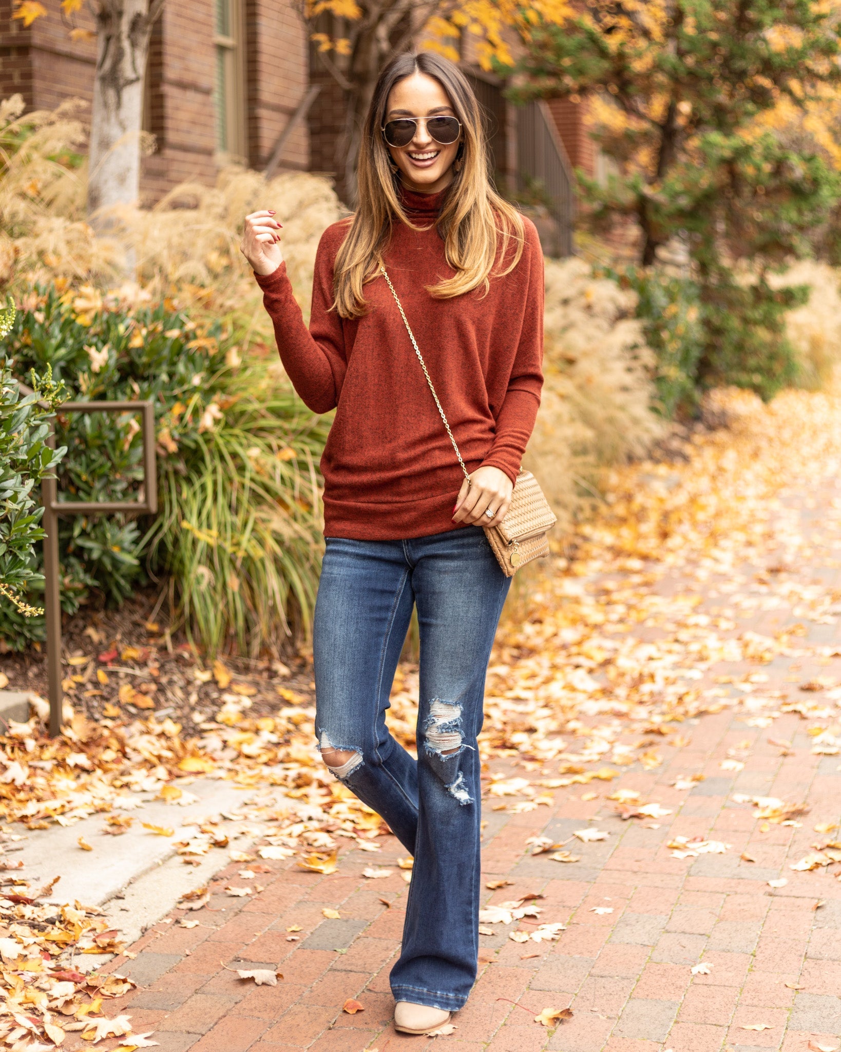 Whitley Funnel Neck Brushed Knit Top - Rust