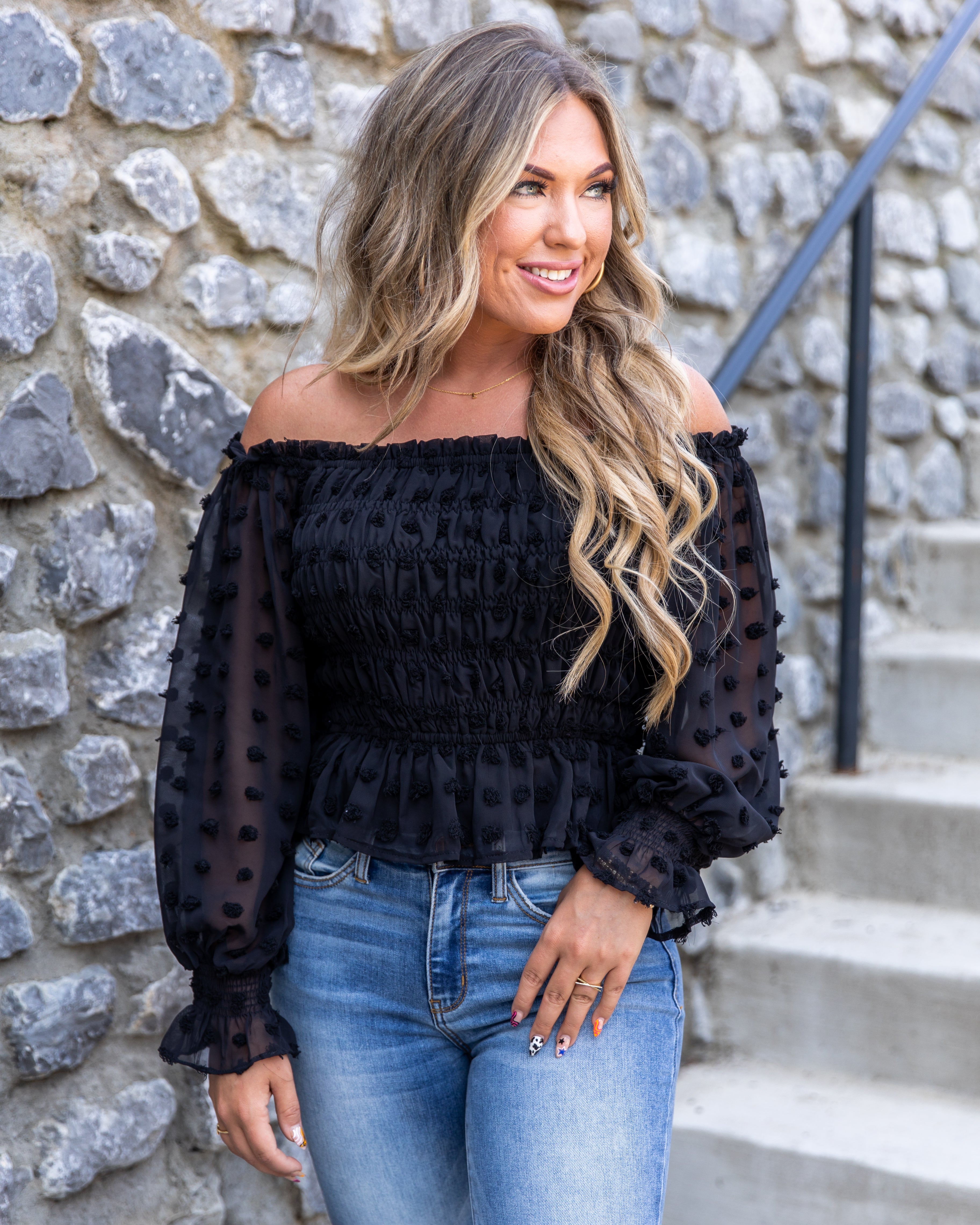 Keaton Smocked Pom Pom Top - Black