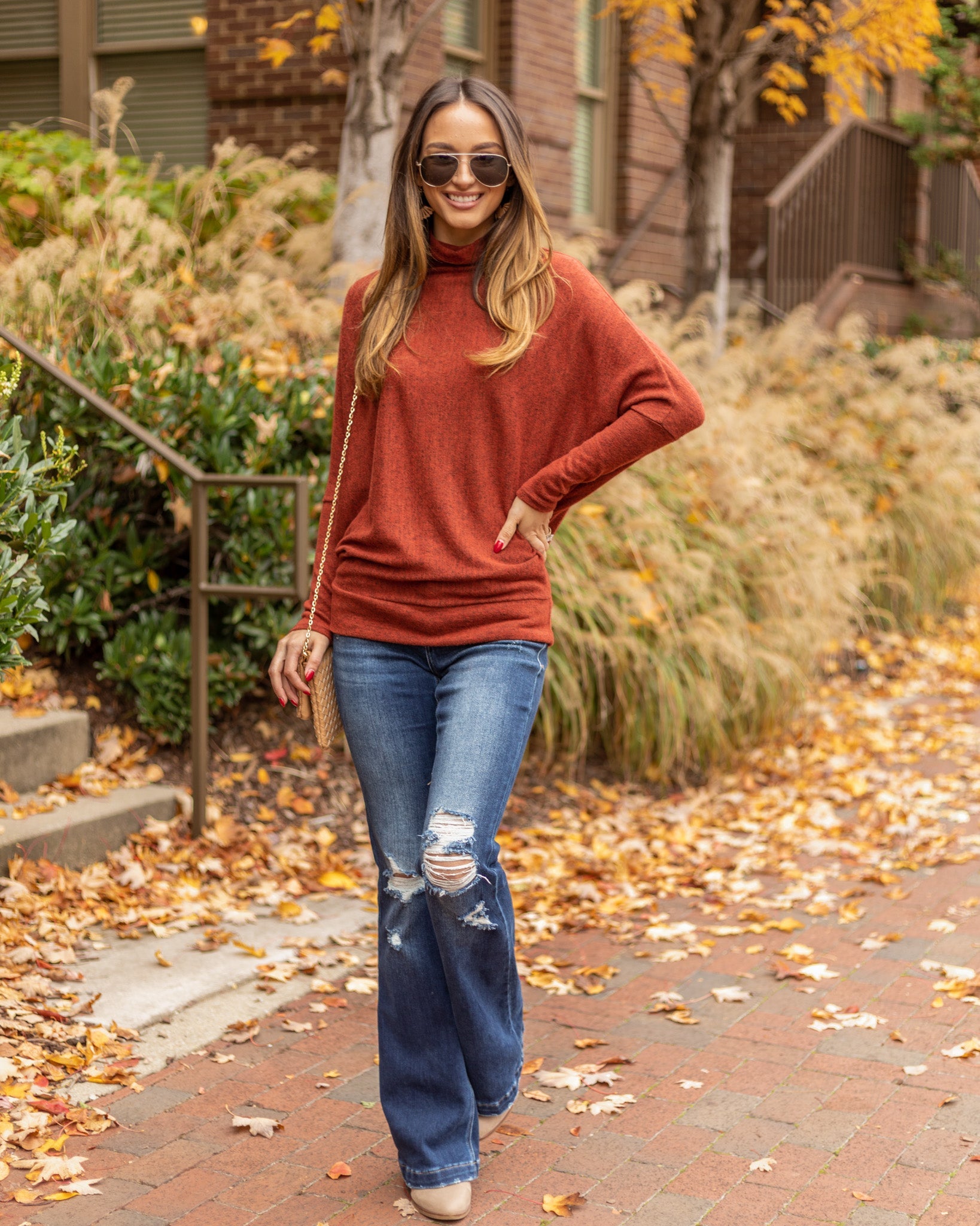 Whitley Funnel Neck Brushed Knit Top - Rust