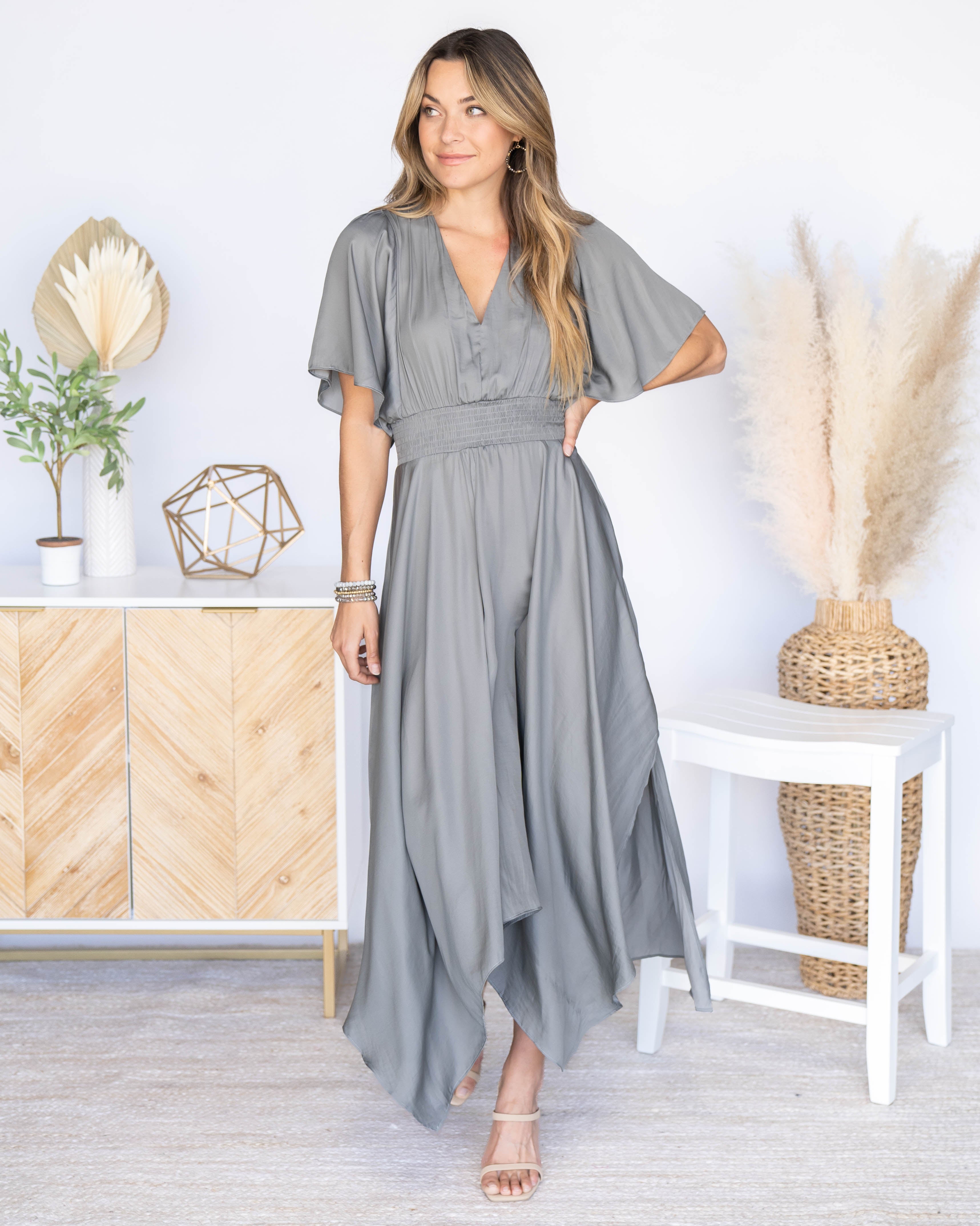 Alanis Flutter Sleeve Satin Midi Dress - Grey