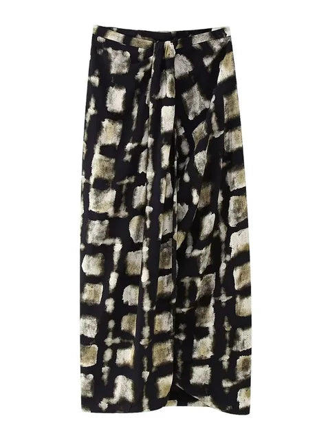TRAF Women Fashion Front Knot Printed Midi Skirt Vintage High Waist Back Zipper Female Skirts Mujer