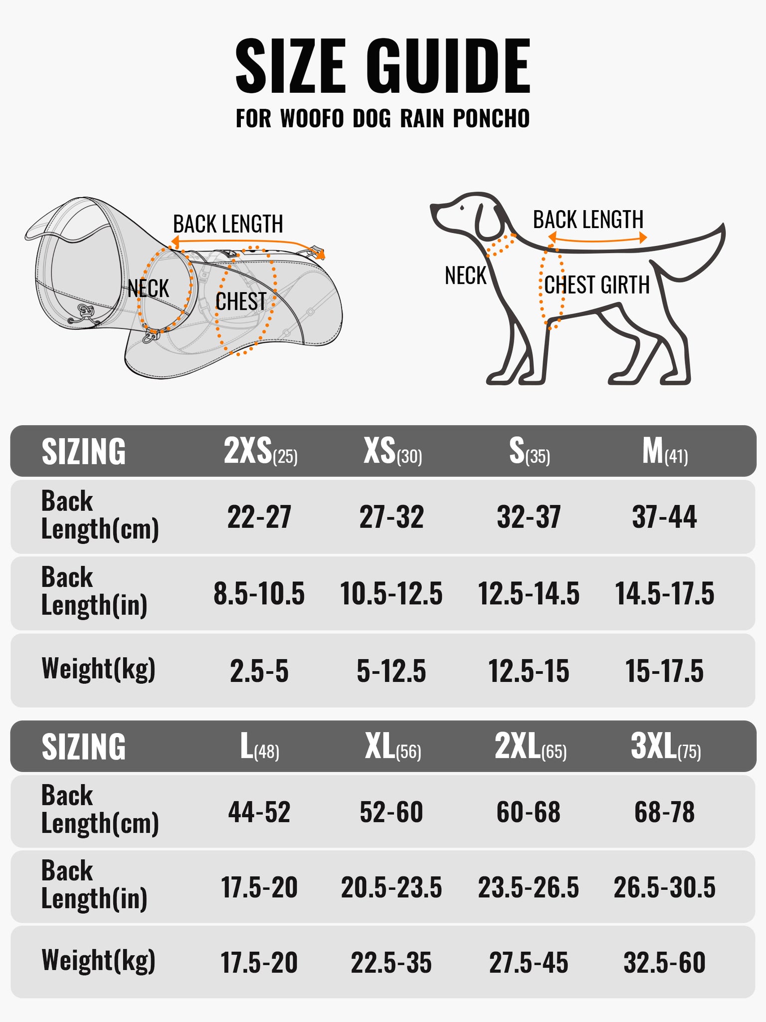SIZE GUIDE | WOOFO DOG RAIN PONCHO