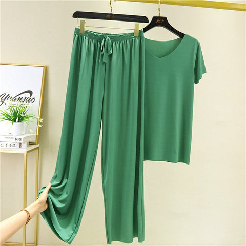 Soft Comfortable Ice Silk Short Sleeve T-Shirt Two Piece Set Loose Wide ...