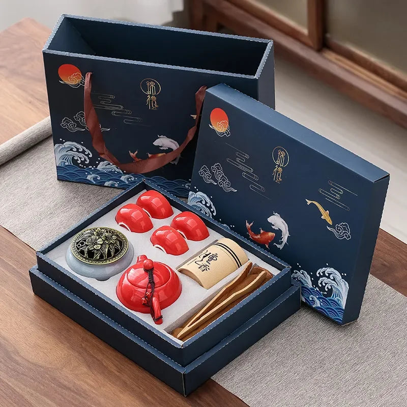 Kung Fu Tea Set Gift Boxed Tea Set for Friends Chinese Tea Ceremony Ceramic Tea Set One Pot Four Cups with Tea Cans Car Portable