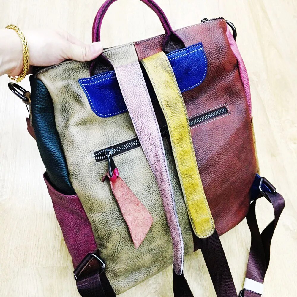 Corrina Retro Leather Patchwork Multi-Function Backpack & Shoulder Bag