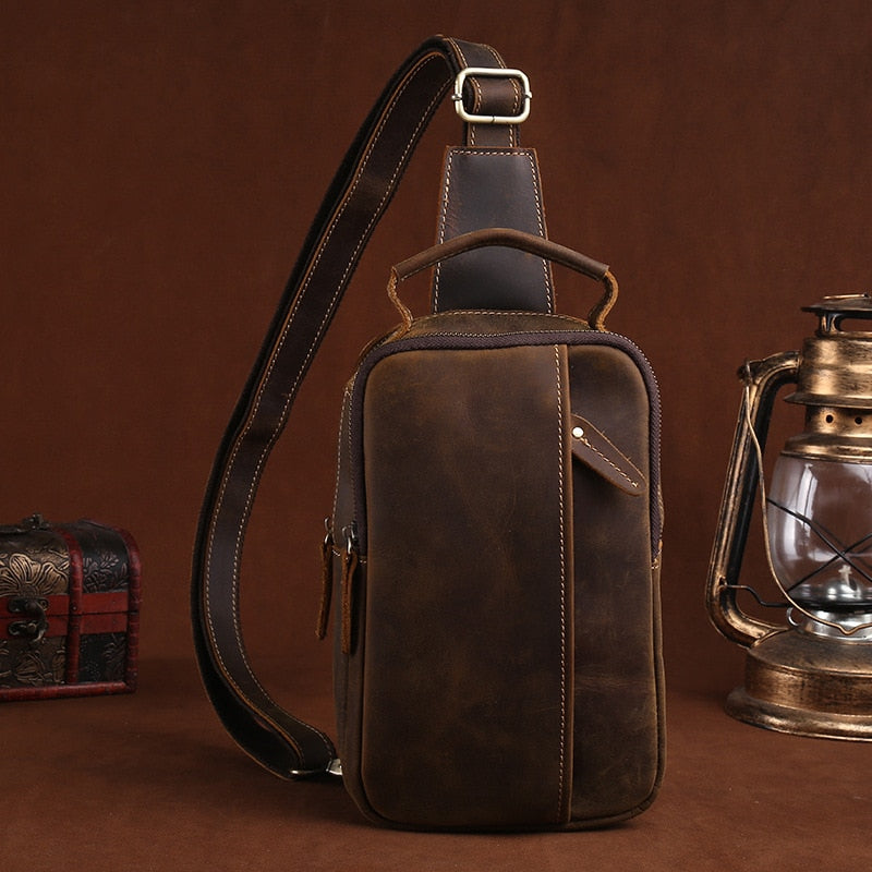 Dark Brown Leather Single Strap Pack Sling Bag Crossbody Bag - One Size