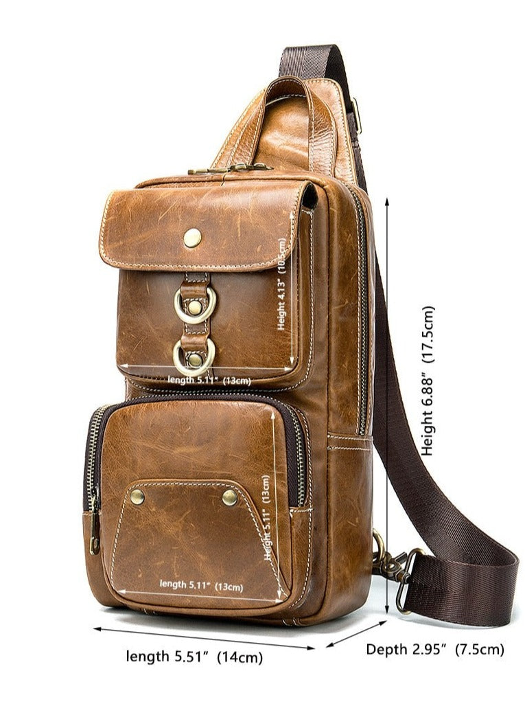 Crazy Horse Leather Sling Bag Chest Bag Crossbody Bag in Brown, One Size