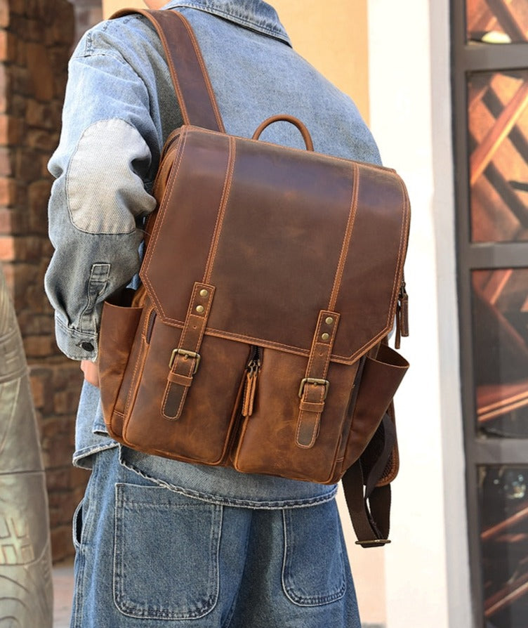 Document & Laptop Backpack, Top Layer Leather, Brown/Coffee, 17 inches