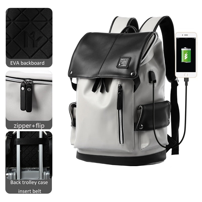 Unisex Black & White Vegan Leather Flap Backpack with USB Power Plug