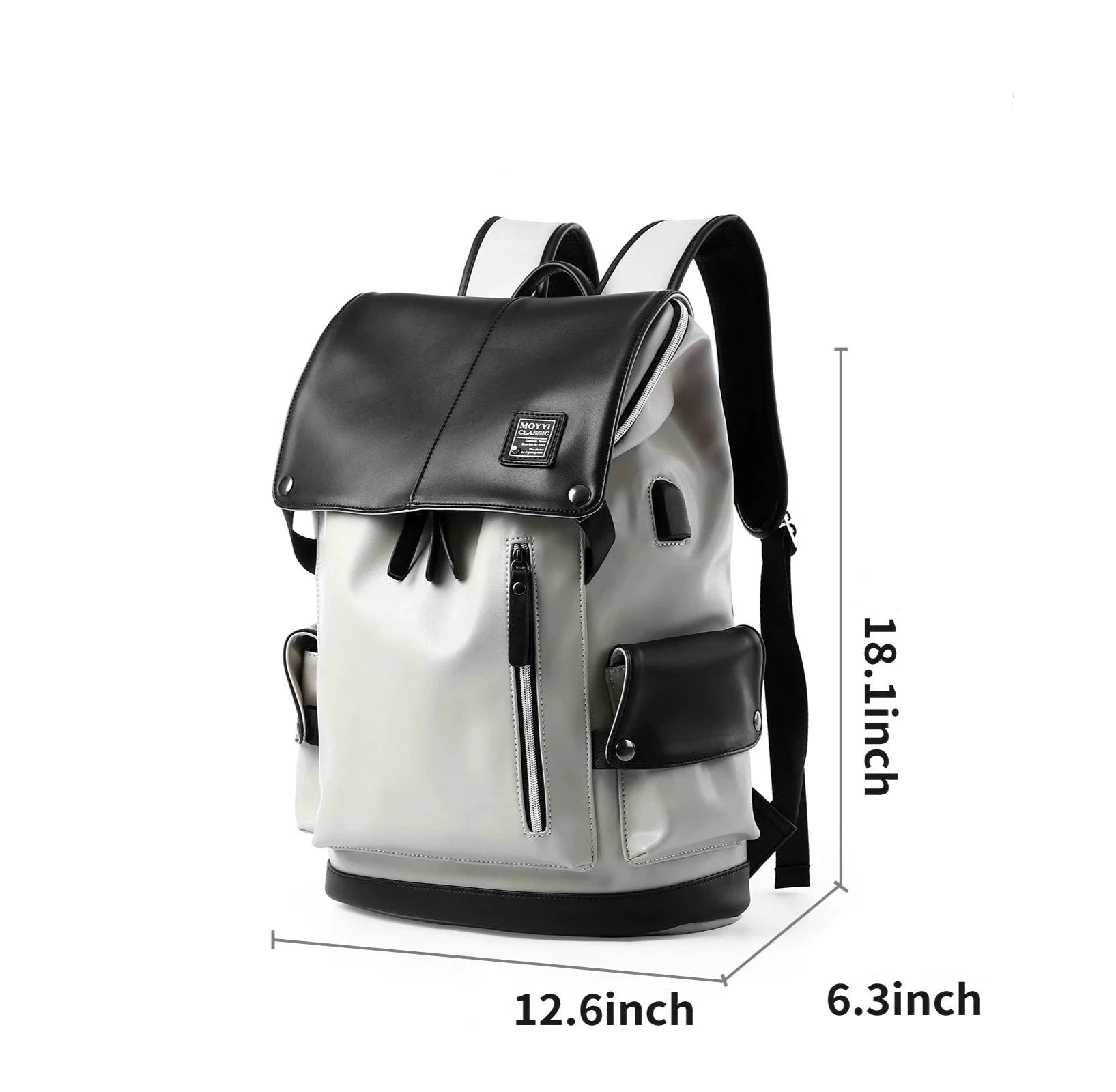 Unisex Black & White Vegan Leather Flap Backpack with USB Power Plug