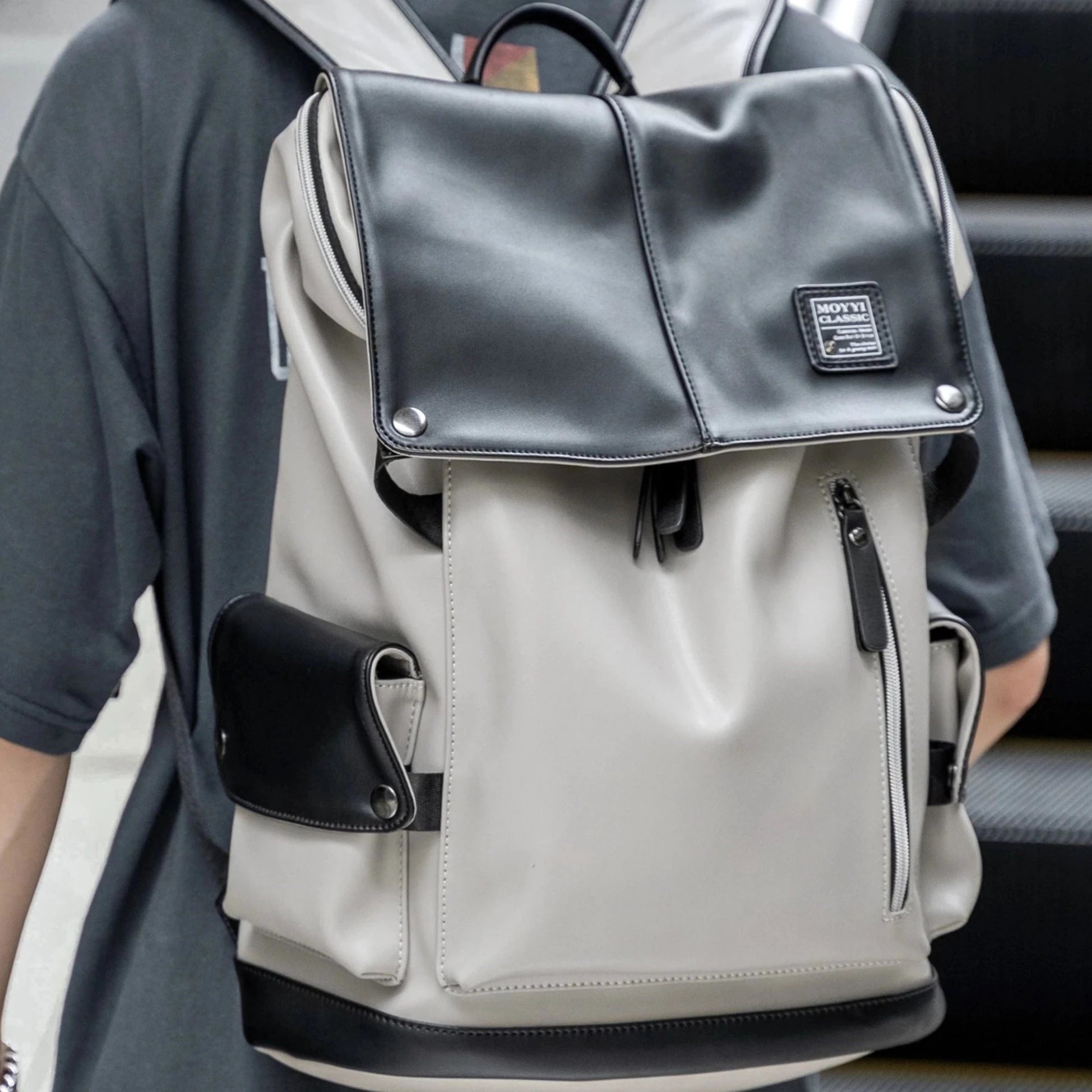 Unisex Black & White Vegan Leather Flap Backpack with USB Power Plug