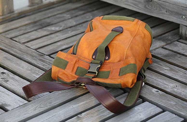 Retro Top Loading Backpack, Canvas & Leather, Black/Green/Maroon, Orange