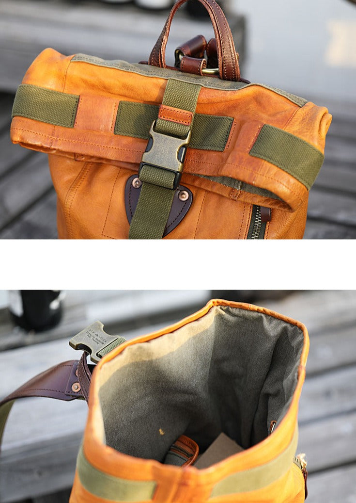 Retro Top Loading Backpack, Canvas & Leather, Black/Green/Maroon, Orange