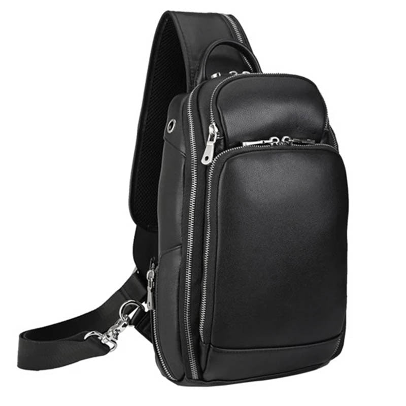 Leather Sling Bag Chest Bag Single Strap Pack - Black - USB Power Plug