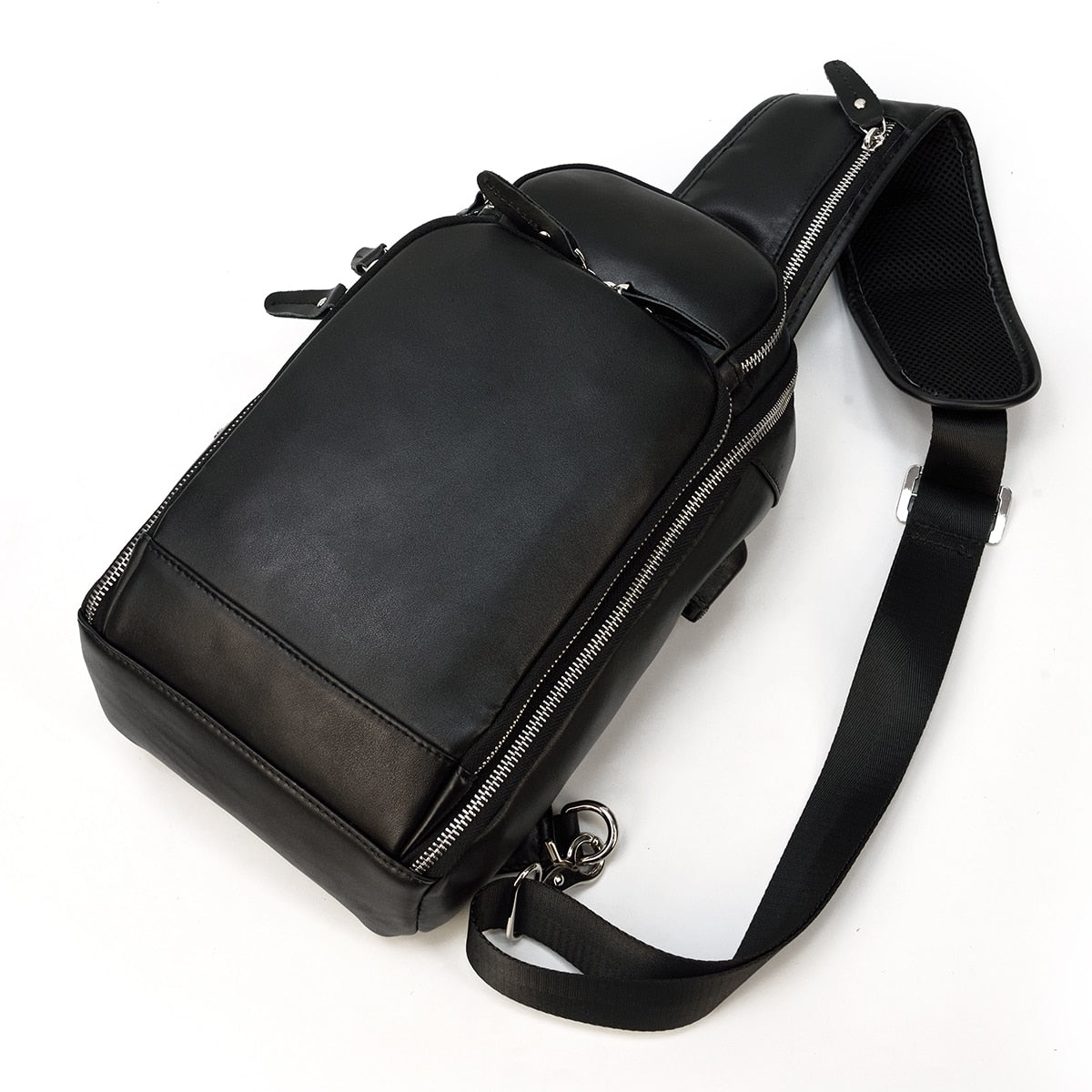 Leather Sling Bag Chest Bag Single Strap Pack - Black - USB Power Plug