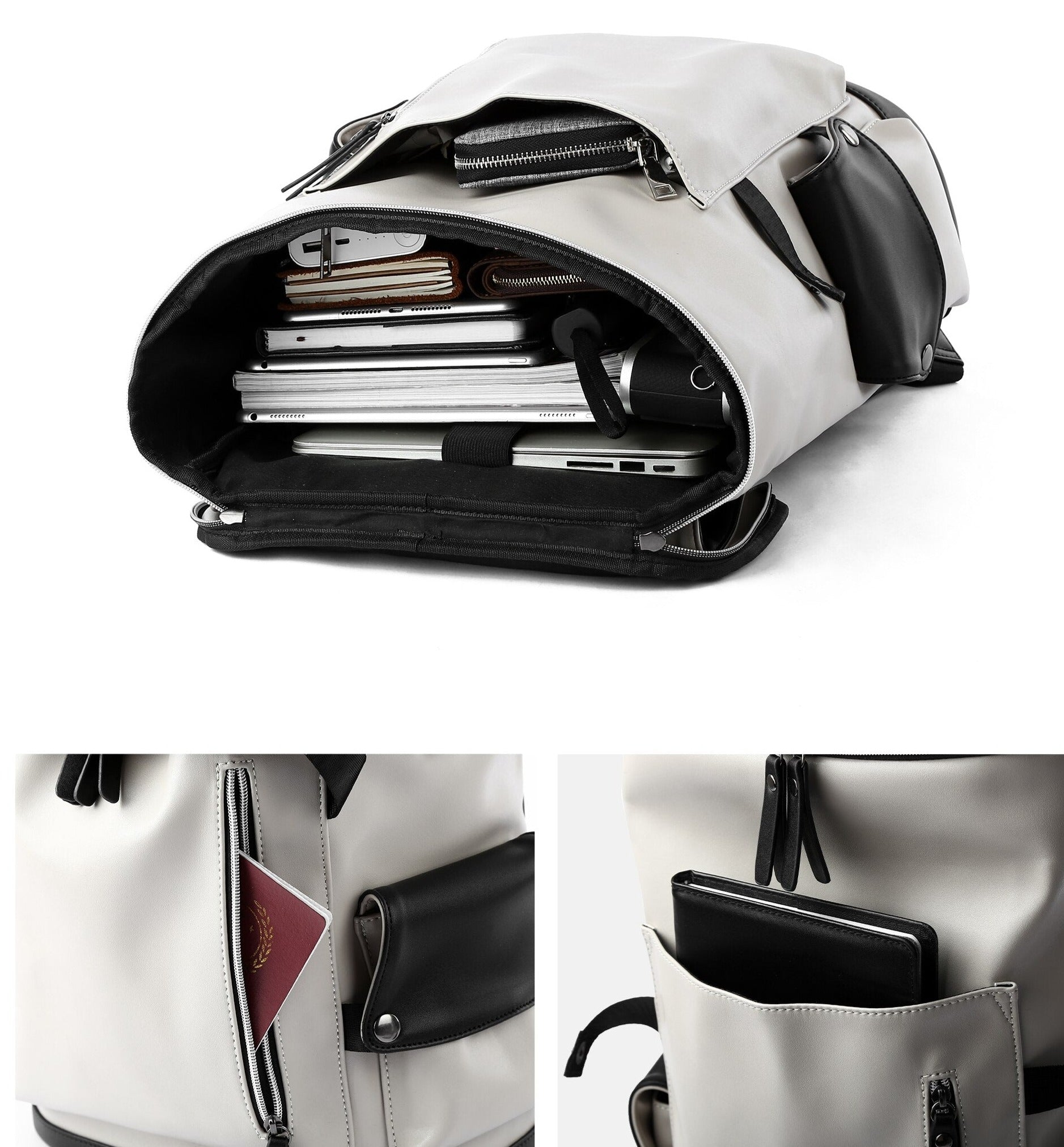Unisex Black & White Vegan Leather Flap Backpack with USB Power Plug