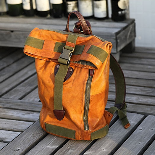 Retro Top Loading Backpack, Canvas & Leather, Black/Green/Maroon, Orange