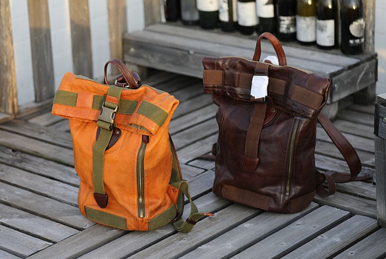 Retro Top Loading Backpack, Canvas & Leather, Black/Green/Maroon, Orange