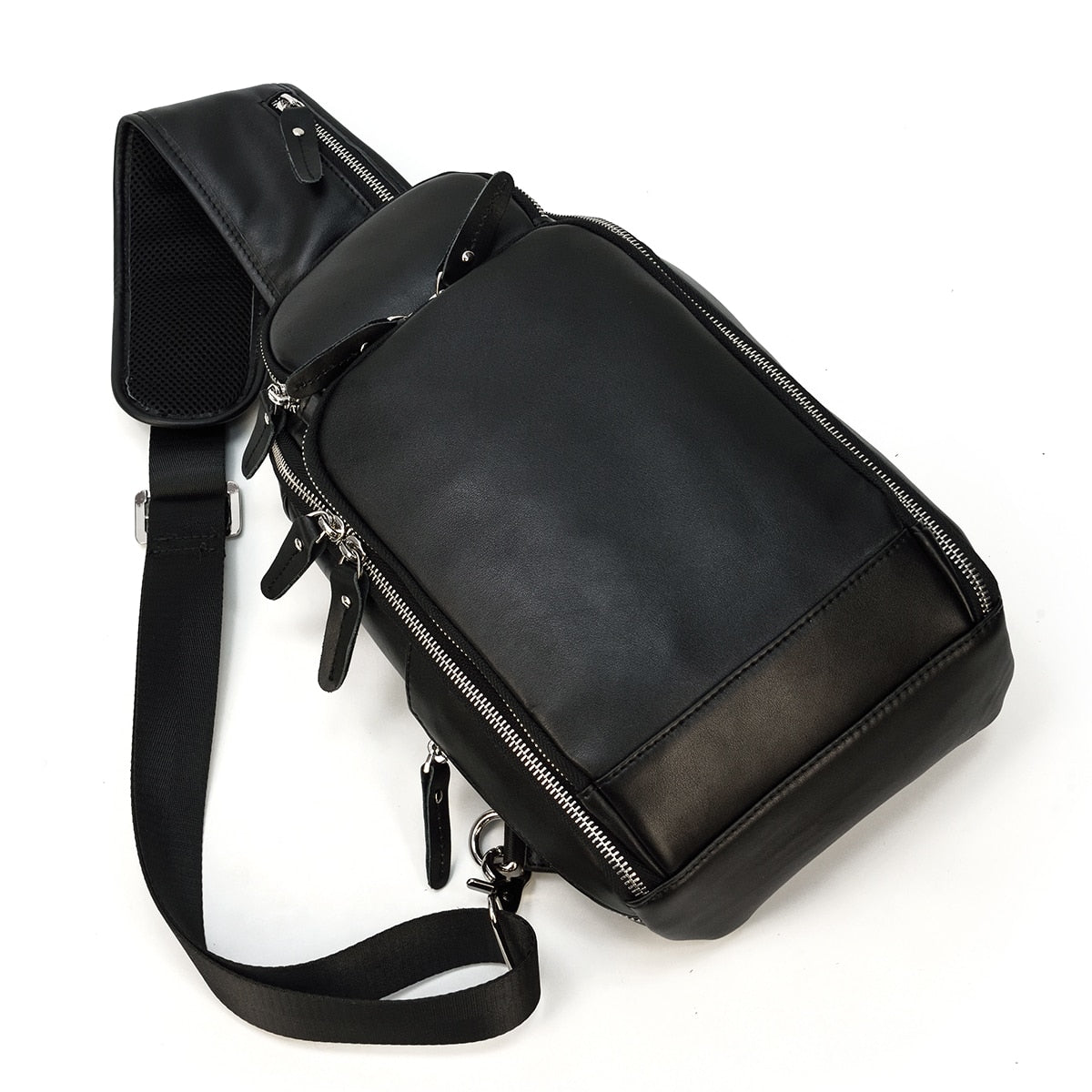 Leather Sling Bag Chest Bag Single Strap Pack - Black - USB Power Plug