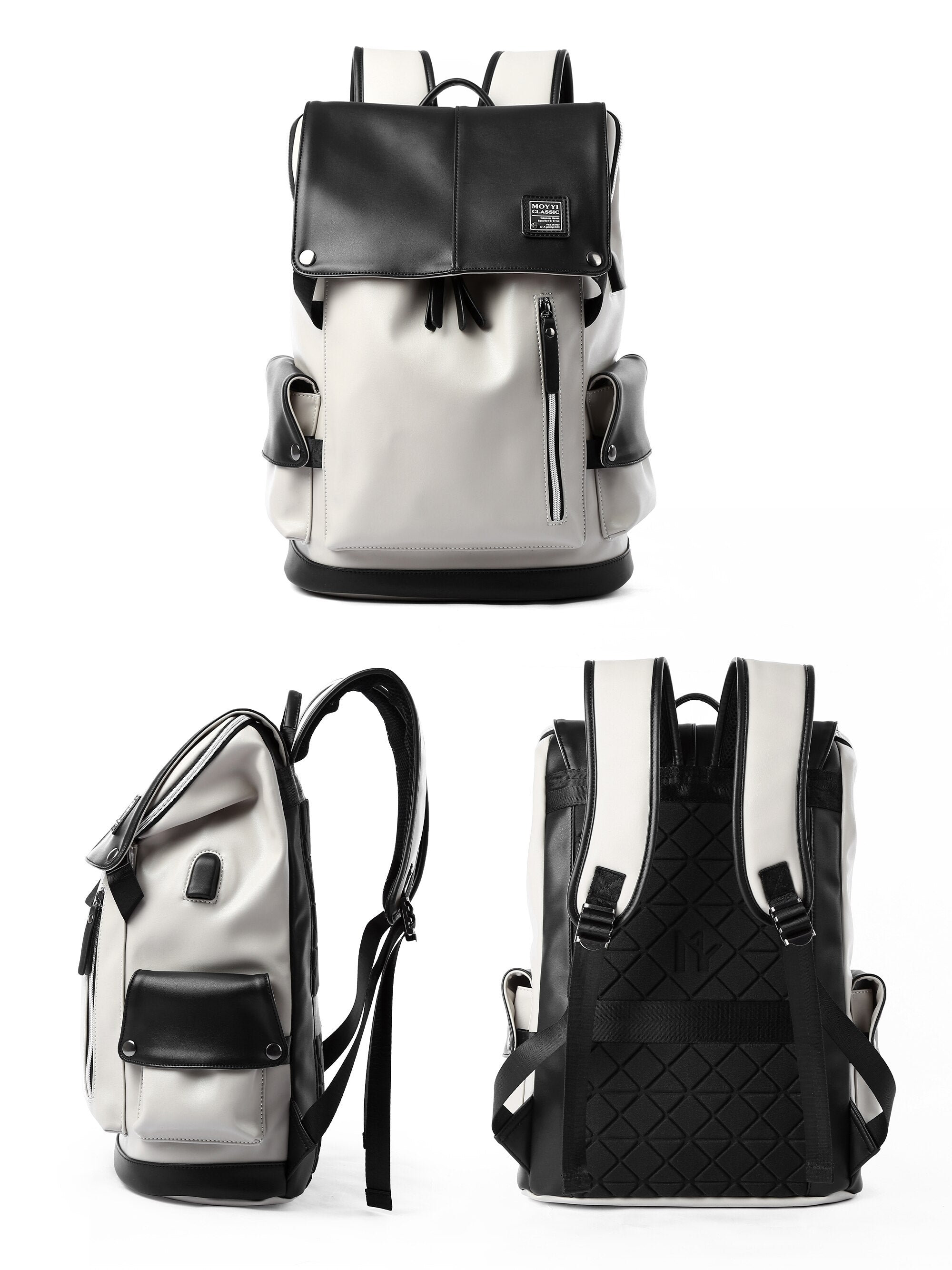 Unisex Black & White Vegan Leather Flap Backpack with USB Power Plug