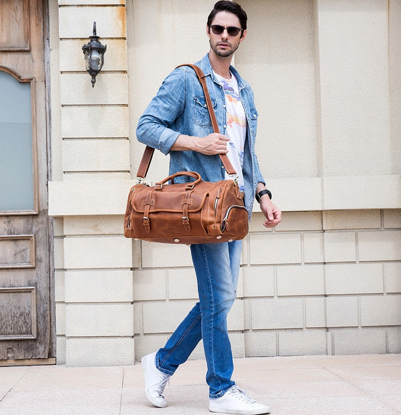 Chic Vacationer Carry-On Cowhide Leather Duffel Bag with Shoe Pocket