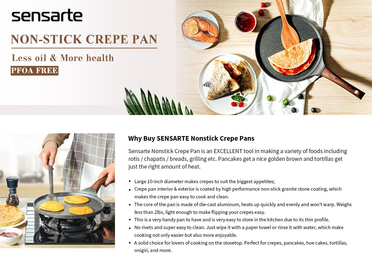 SENSARTE Nonstick Crepe Pan, Swiss Granite Coating Dosa Pan Pancake Flat  Skillet Tawa Griddle 10-Inch with Stay-Cool Handle, Induction Compatible