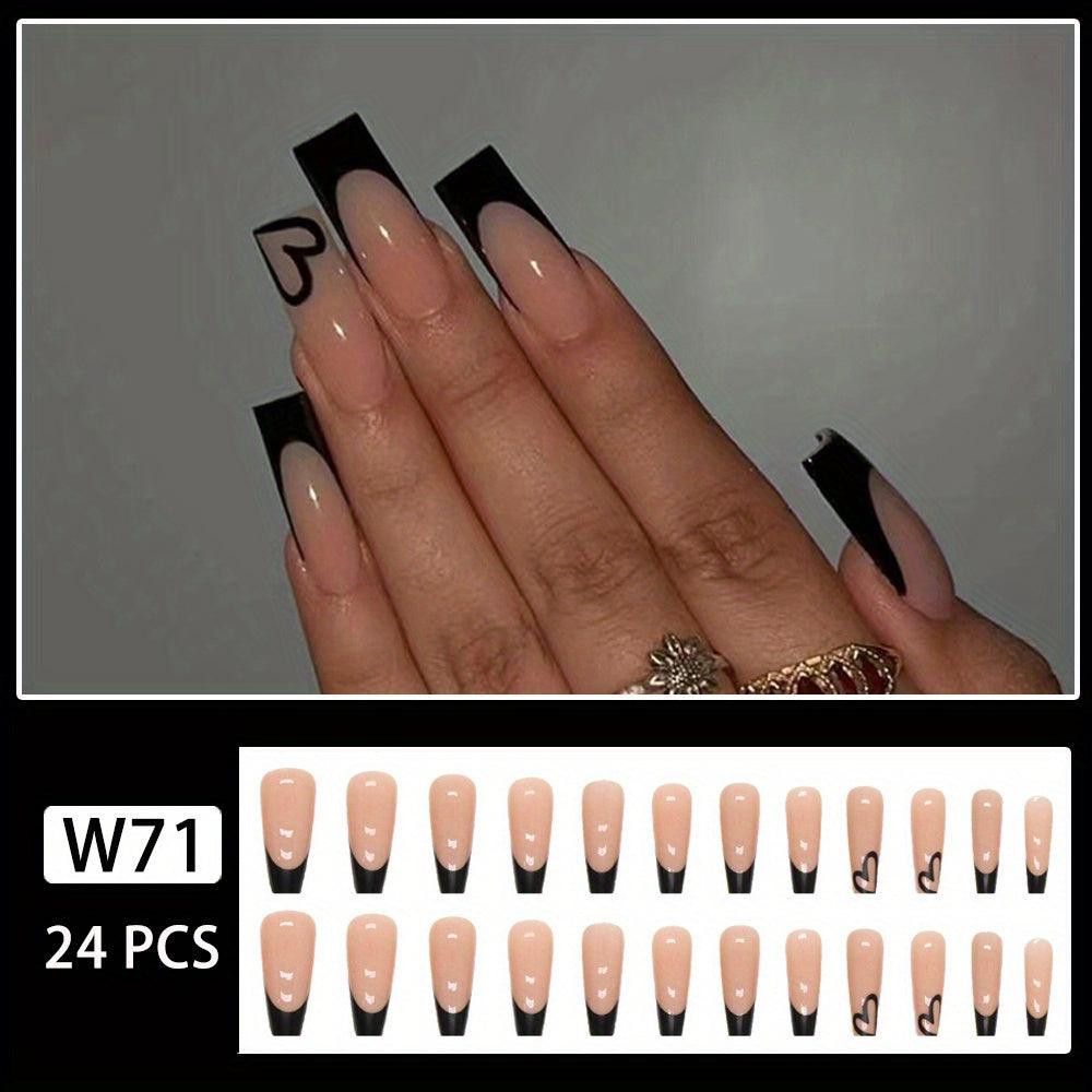 Glossy Ballet Fake Nails with Easy Adhesive - Black & Nude Heart Design