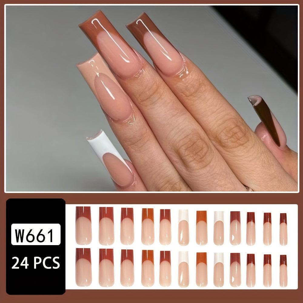 Long Square Acrylic Nails in Nude, White & Brown
