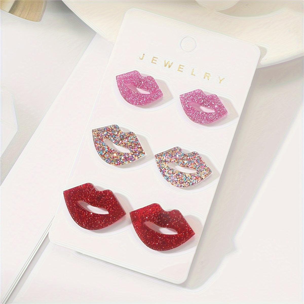 Glamorous 3-Pair Glitter Lip Earrings Set in Red, Silver, and Pink