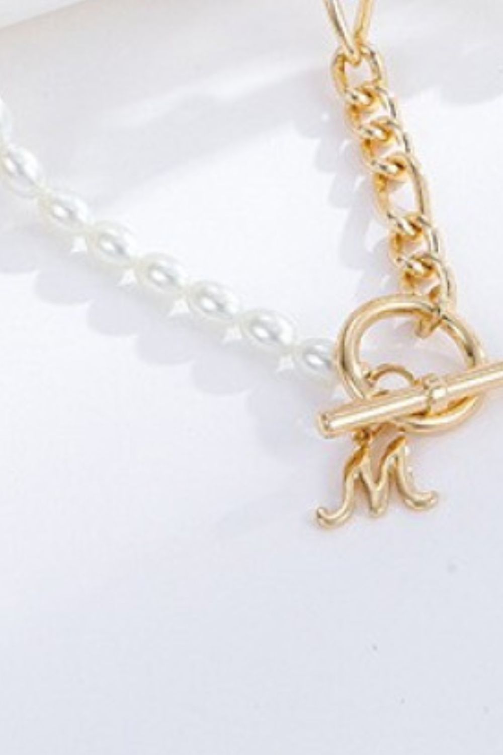 M Pendant Half Pearl and Half Chain Necklace