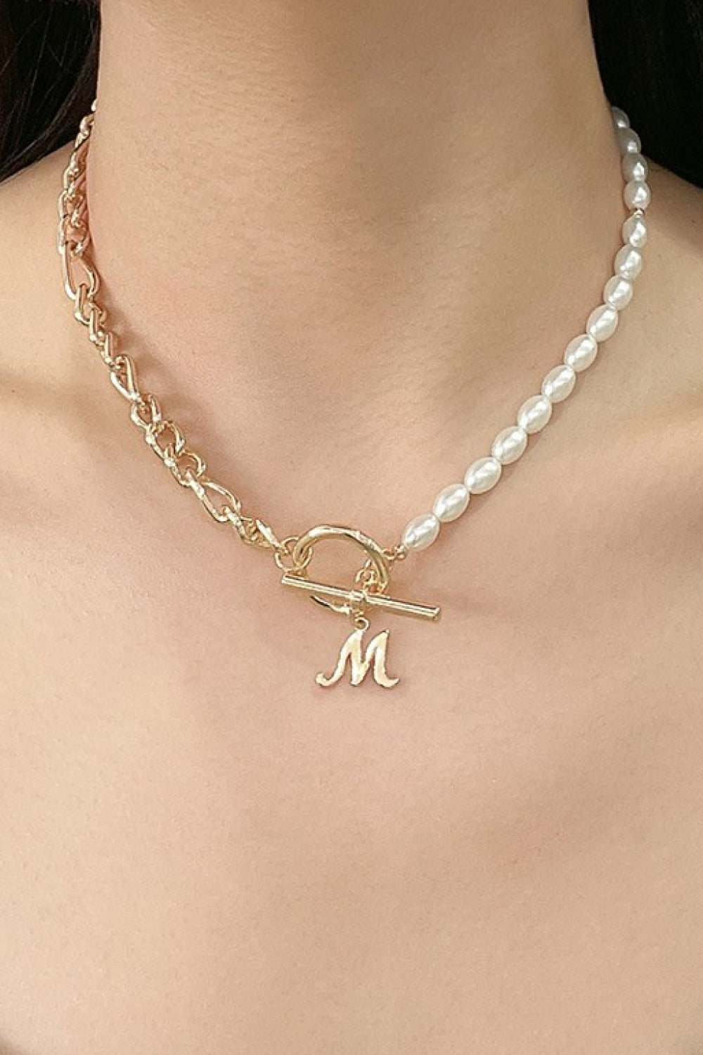 M Pendant Half Pearl and Half Chain Necklace