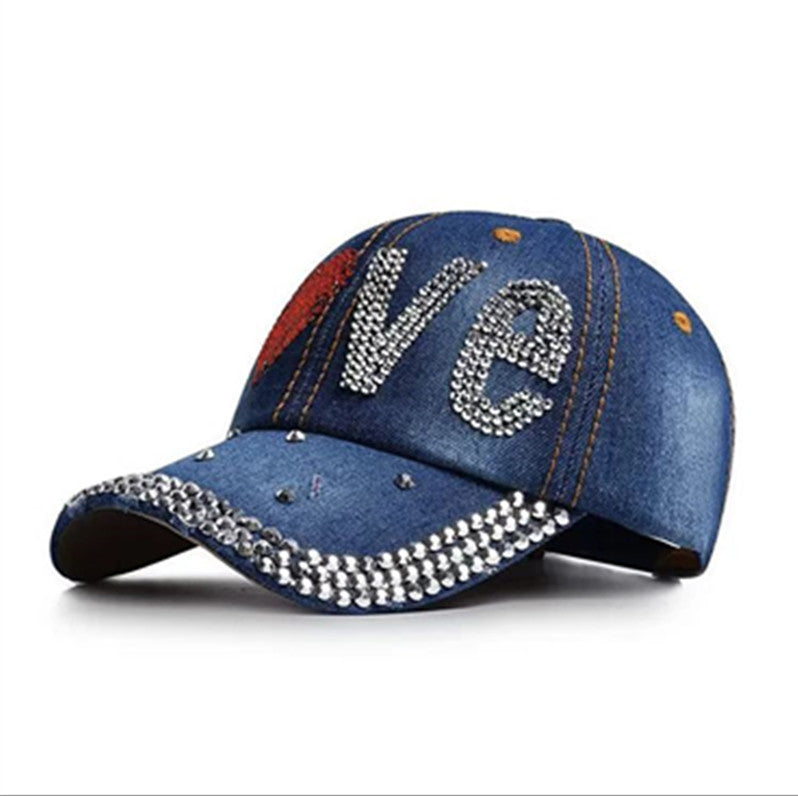 Fashion Denim Rhinestone Baseball Love Letter Cap/Hats