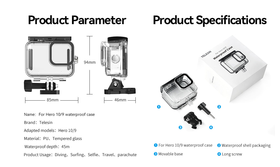 TELESIN 45M Diving Waterproof Case with Lens Filter for GoPro Hero 9/10