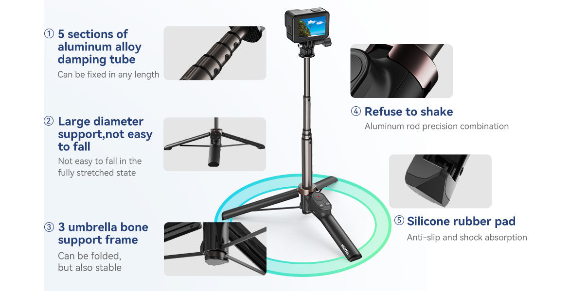 TELESIN Selfie Stick Tripod with Remote for GoPro/ Phone