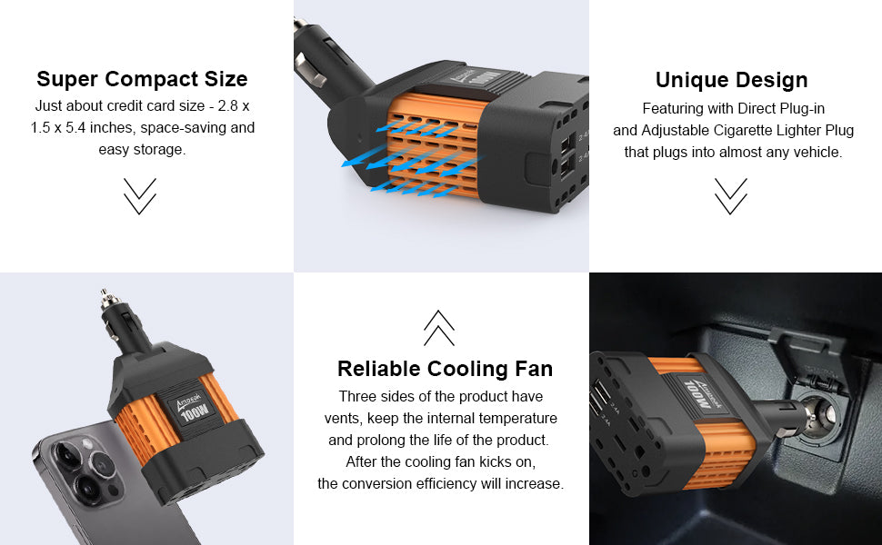 Ampeak 100W Car Power Inverter Super Compact Size, Unique Design, Reliable Cooling Fan