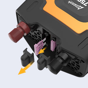 Replaceable Fuses Built-in 2 pieces 50A of replaceable fuses. The fuses will provide full reliable protections for your devices and the 750w power inverter.