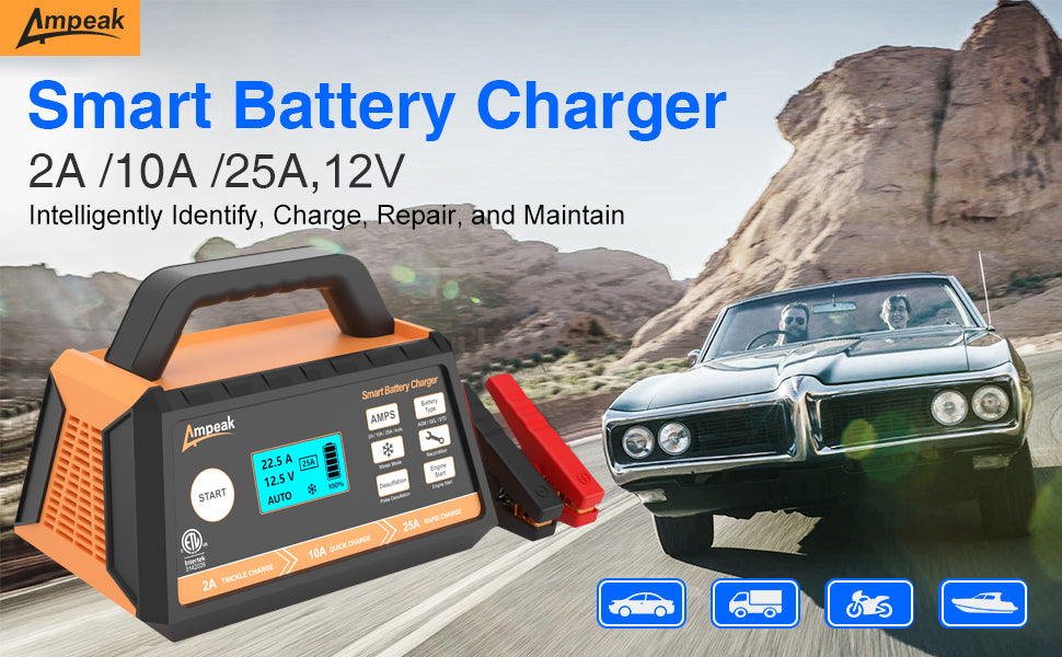 Smart Battery Charger 2A 10A 25A,12V Intelligently Identify,Charge,Repair,and Maintain
