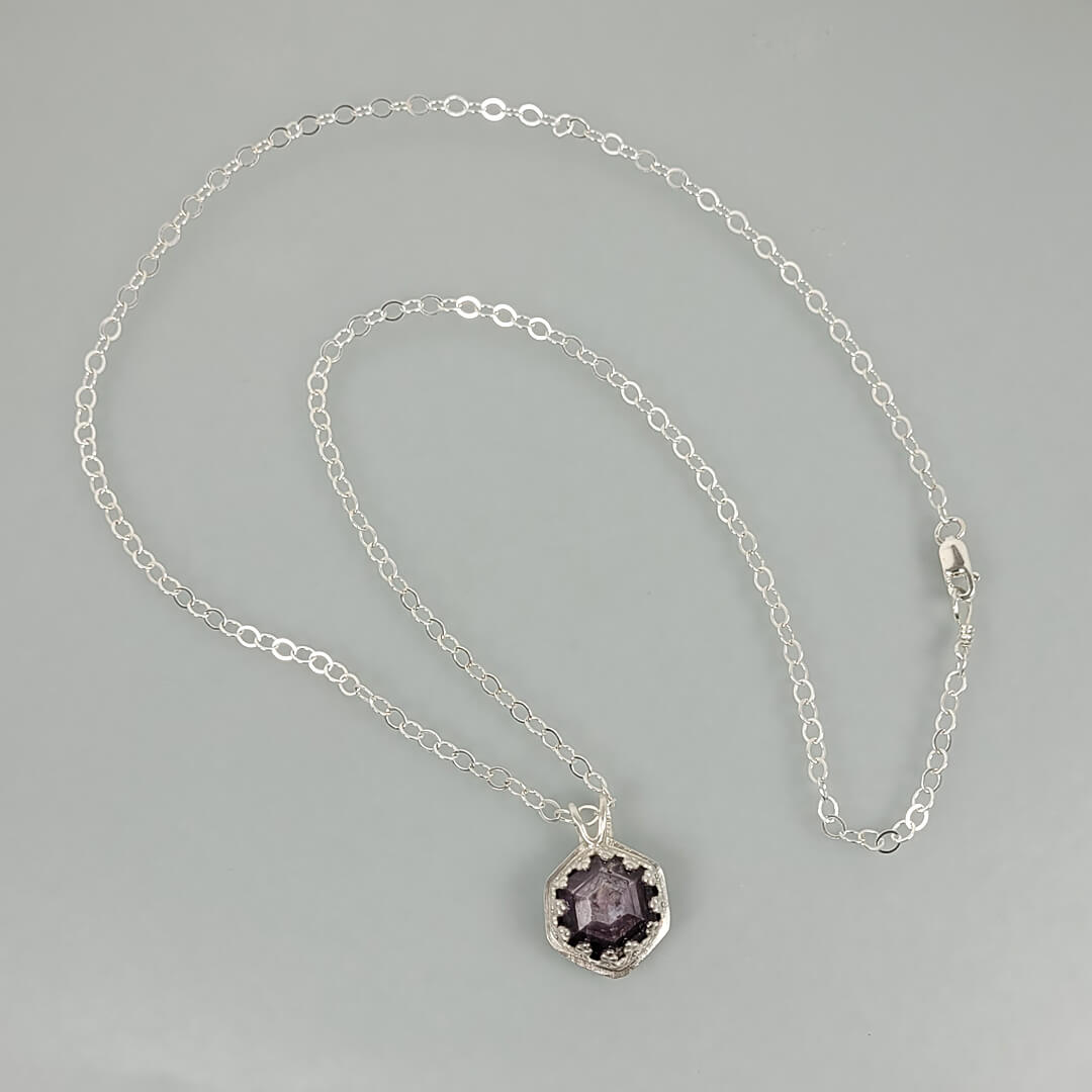 Vintage Style Hexagon Purple Sapphire Necklace in Sterling Silver