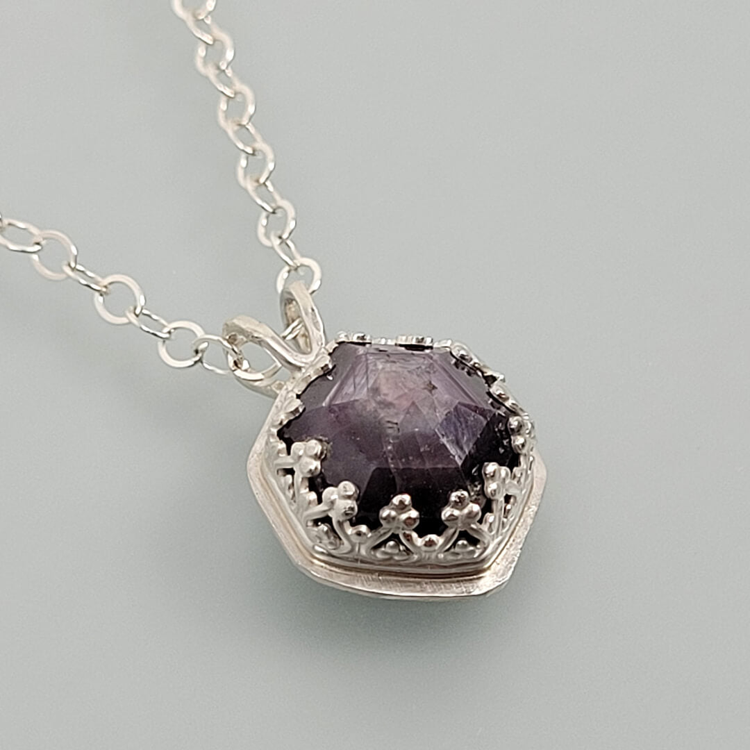 Vintage Style Hexagon Purple Sapphire Necklace in Sterling Silver