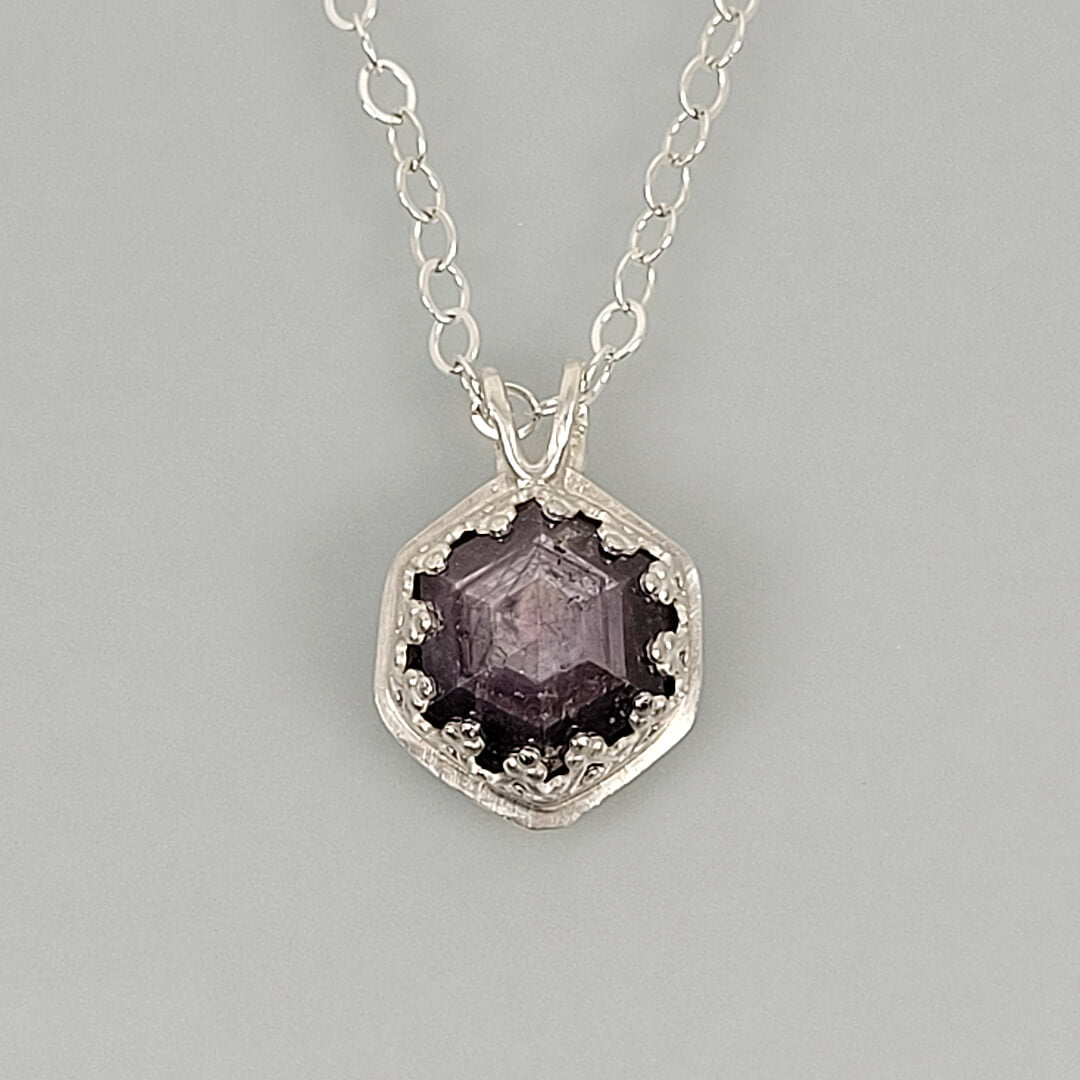 Vintage Style Hexagon Purple Sapphire Necklace in Sterling Silver