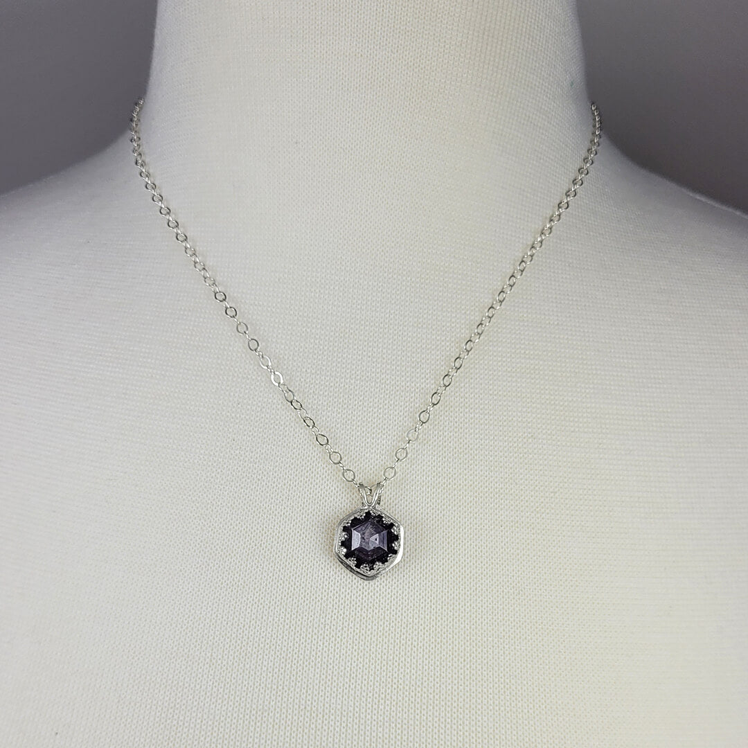 Vintage Style Hexagon Purple Sapphire Necklace in Sterling Silver