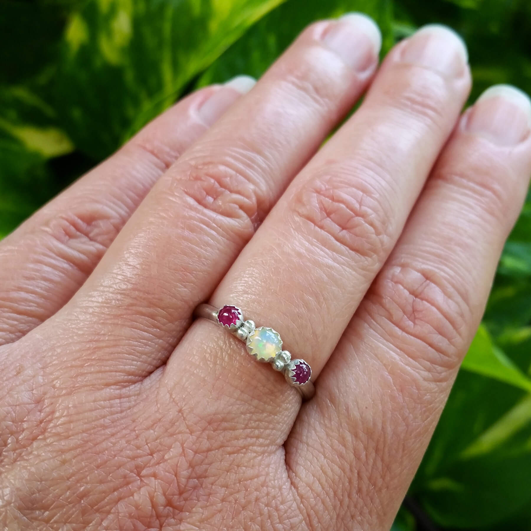 Sunlight and Mist Opal and Ruby Ring - Size 7.5
