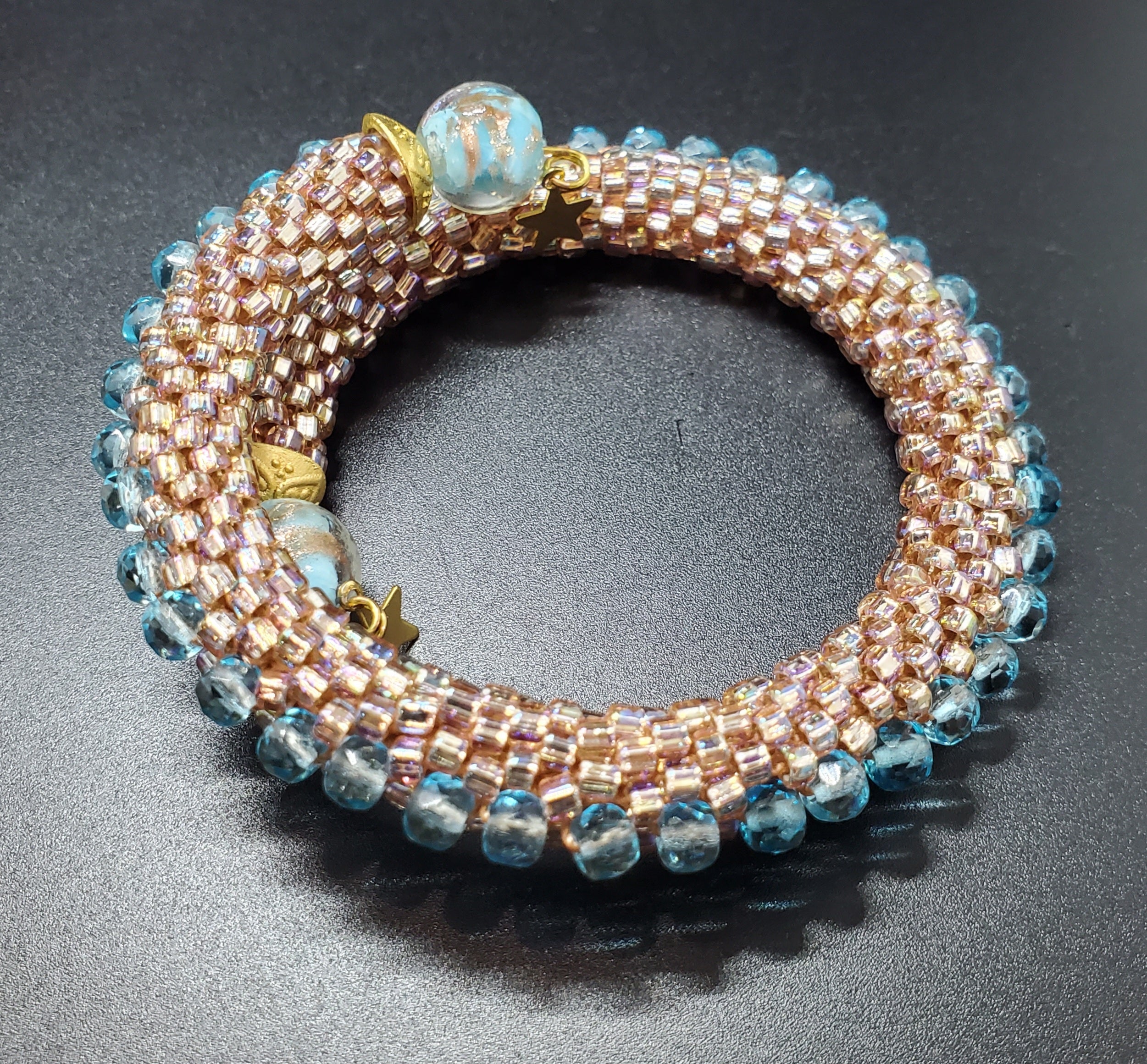 Beads Entirely - Blush-Aqua Beaded Crochet Bangle