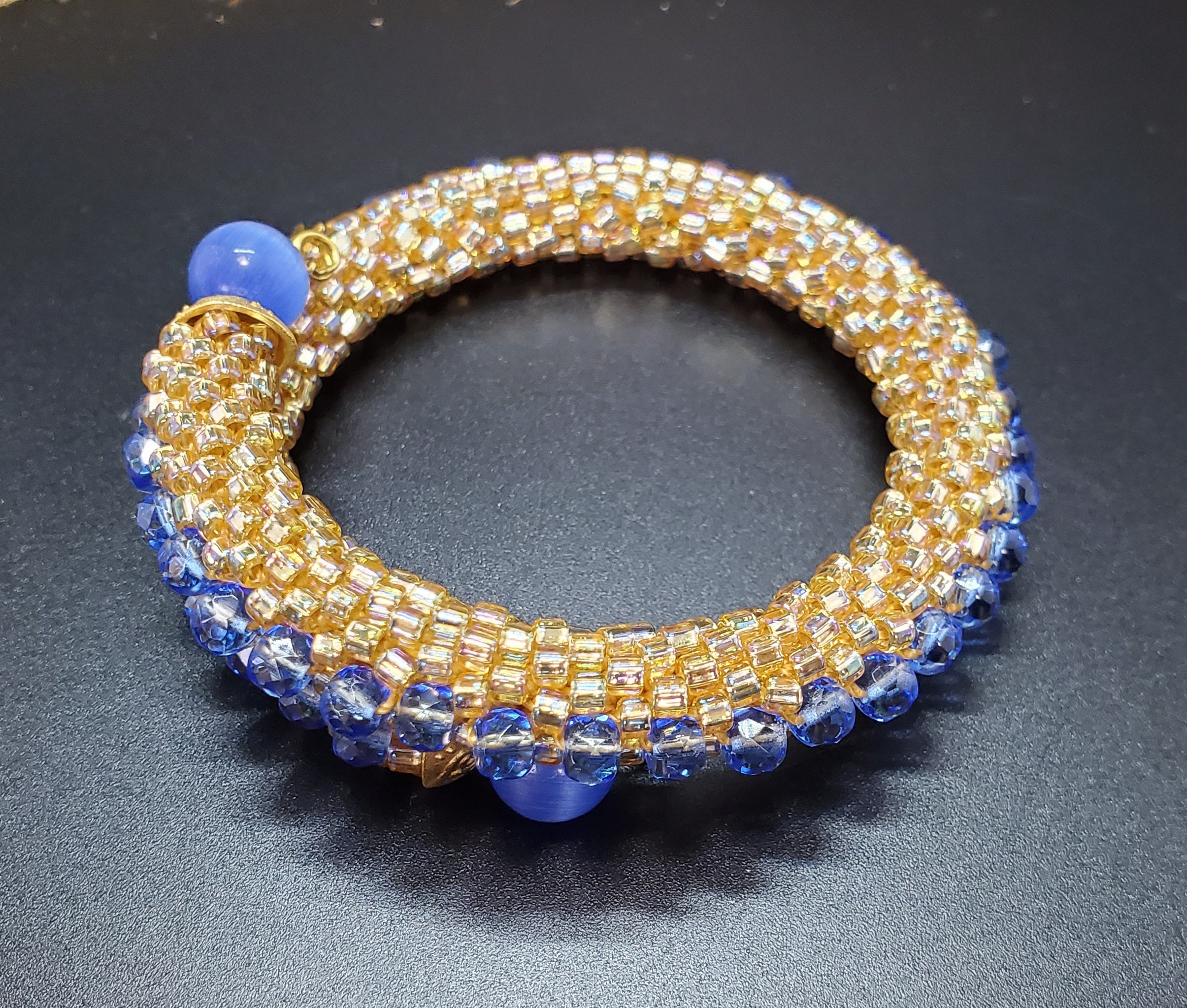 Beads Entirely - Gold-Blue  Beaded Crochet Bangle